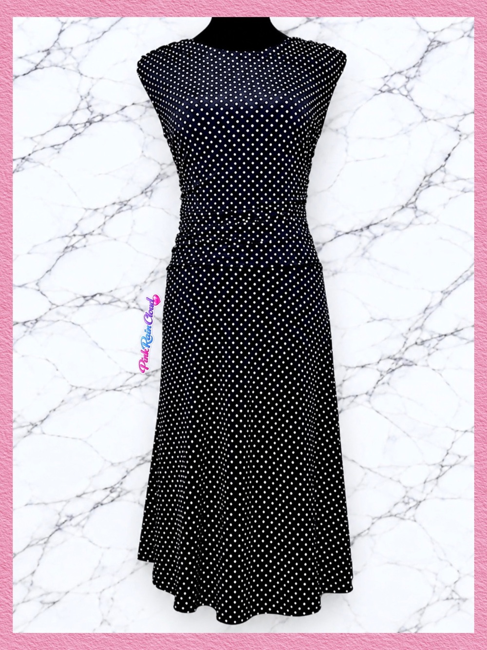 EnFocus Studio 90s Navy Blue Polka Dot Sleeveless Midi Dress Size 6